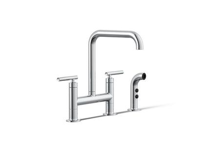 KOHLER K-7548-4-CP Purist Two-hole bridge kitchen sink faucet with side sprayer - Polished Chrome