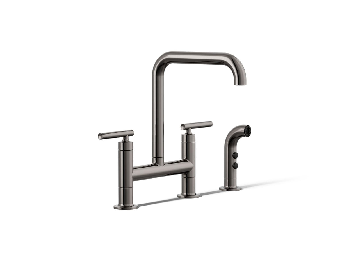 KOHLER K-7548-4-TT Purist Two-Hole Bridge Kitchen Sink Faucet With Side Sprayer - Vibrant Titanium