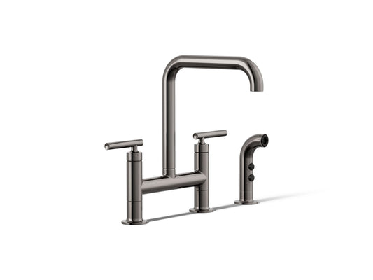 KOHLER K-7548-4-TT Purist Two-hole bridge kitchen sink faucet with side sprayer - Vibrant Titanium