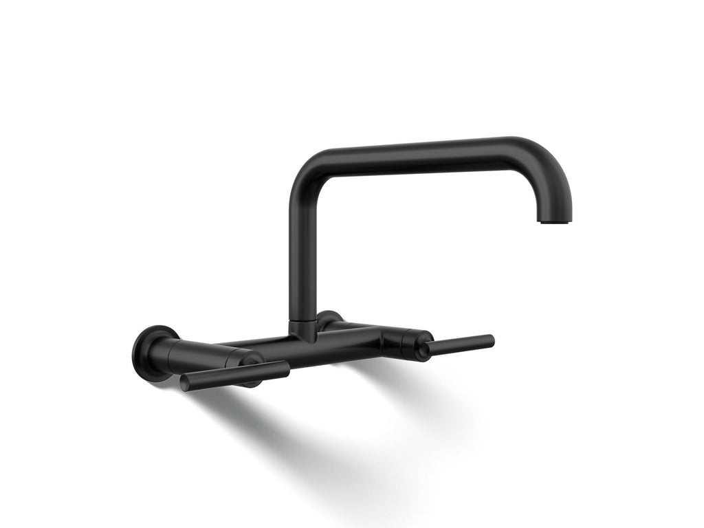 KOHLER K-7549-4-BL Purist Two-Hole Wall-Mount Bridge Kitchen Sink Faucet - Matte Black