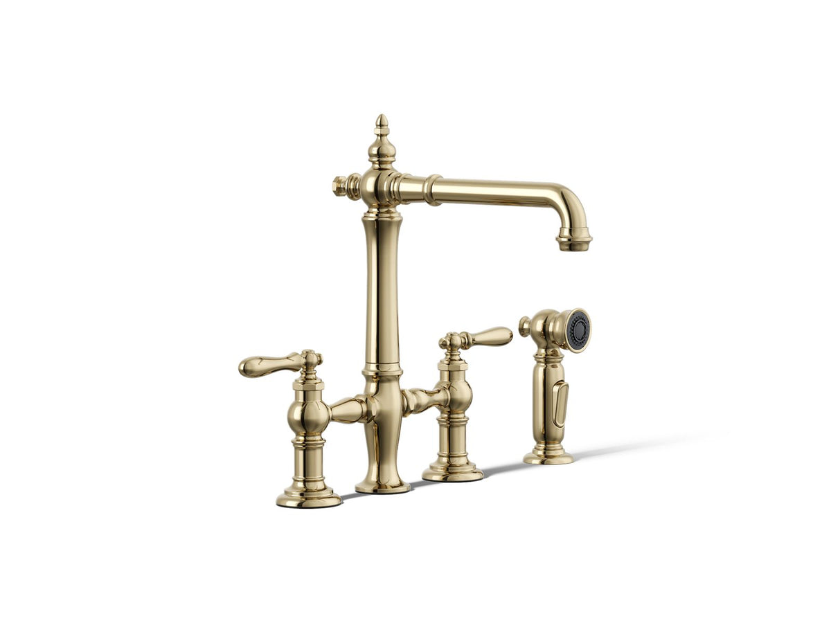 KOHLER K-76519-4-AF Artifacts Three-Hole Bridge Kitchen Sink Faucet With Side Sprayer - Vibrant French Gold