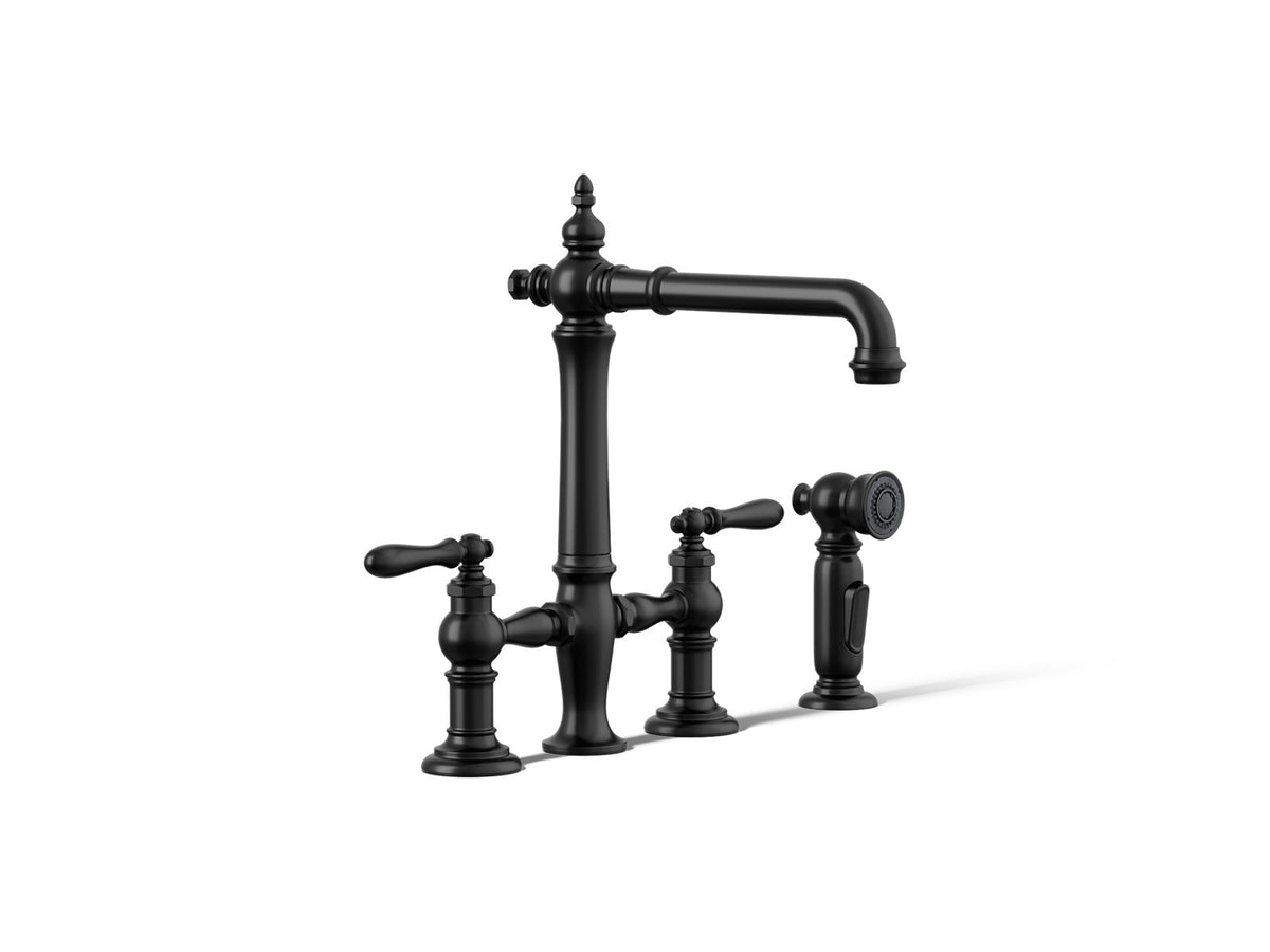 KOHLER K-76519-4-BL Artifacts Three-Hole Bridge Kitchen Sink Faucet With Side Sprayer - Matte Black