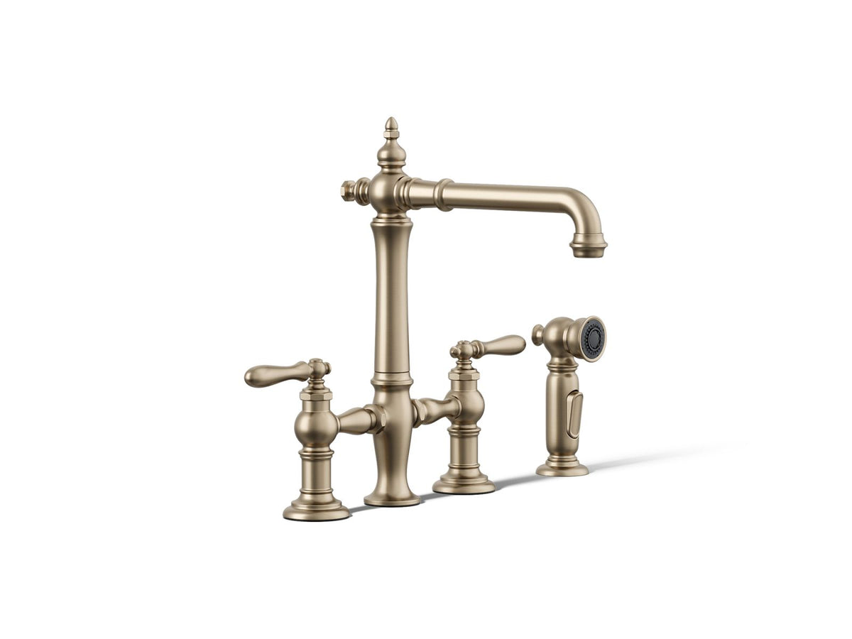 KOHLER K-76519-4-BV Artifacts Three-Hole Bridge Kitchen Sink Faucet With Side Sprayer - Vibrant Brushed Bronze