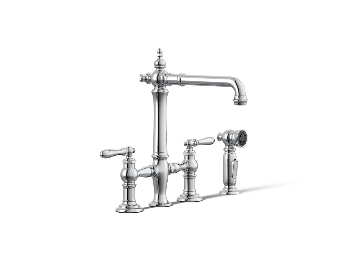 KOHLER K-76519-4-CP Artifacts Three-Hole Bridge Kitchen Sink Faucet With Side Sprayer - Polished Chrome