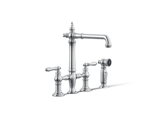 KOHLER K-76519-4-CP Artifacts Three-hole bridge kitchen sink faucet with side sprayer - Polished Chrome