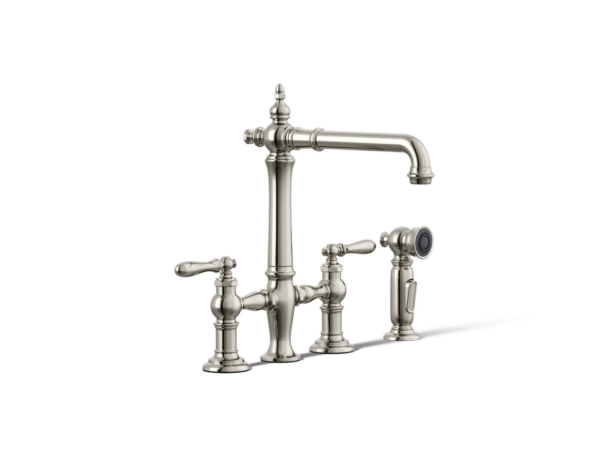 KOHLER K-76519-4-SN Artifacts Three-Hole Bridge Kitchen Sink Faucet With Side Sprayer - Vibrant Polished Nickel