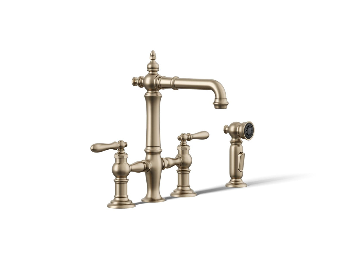 KOHLER K-76520-4-BV Artifacts Three-Hole Bridge Bar Sink Faucet With Side Sprayer - Vibrant Brushed Bronze