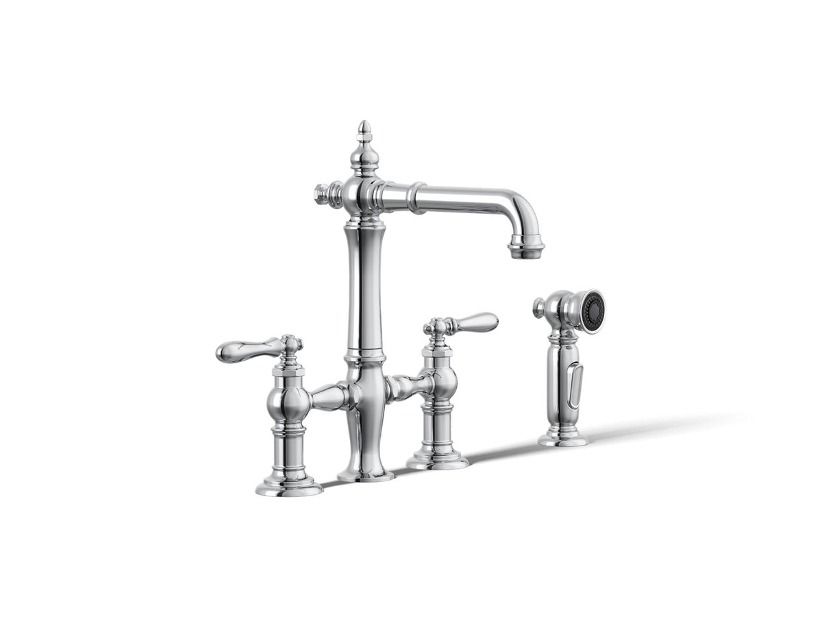 KOHLER K-76520-4-CP Artifacts Three-Hole Bridge Bar Sink Faucet With Side Sprayer - Polished Chrome