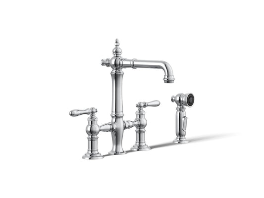 KOHLER K-76520-4-CP Artifacts Three-hole bridge bar sink faucet with side sprayer - Polished Chrome