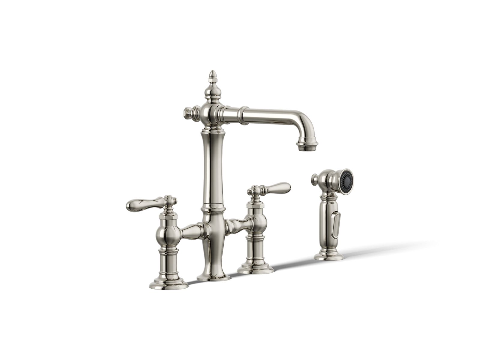 KOHLER K-76520-4-SN Artifacts Three-Hole Bridge Bar Sink Faucet With Side Sprayer - Vibrant Polished Nickel