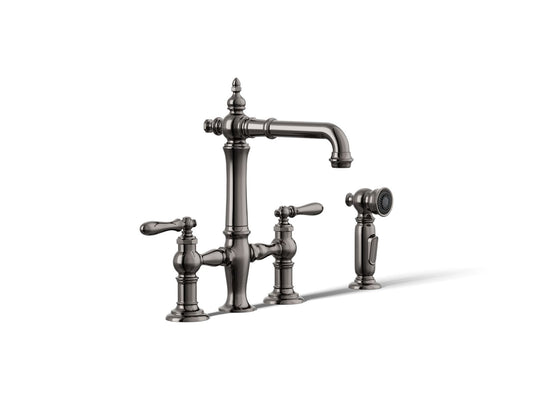 KOHLER K-76520-4-TT Artifacts Three-hole bridge bar sink faucet with side sprayer - Vibrant Titanium