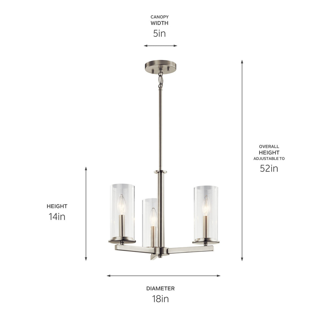 KICHLER 43997NI Crosby 13.75" 3 Light Convertible Chandelier With Clear Glass Brushed Nickel