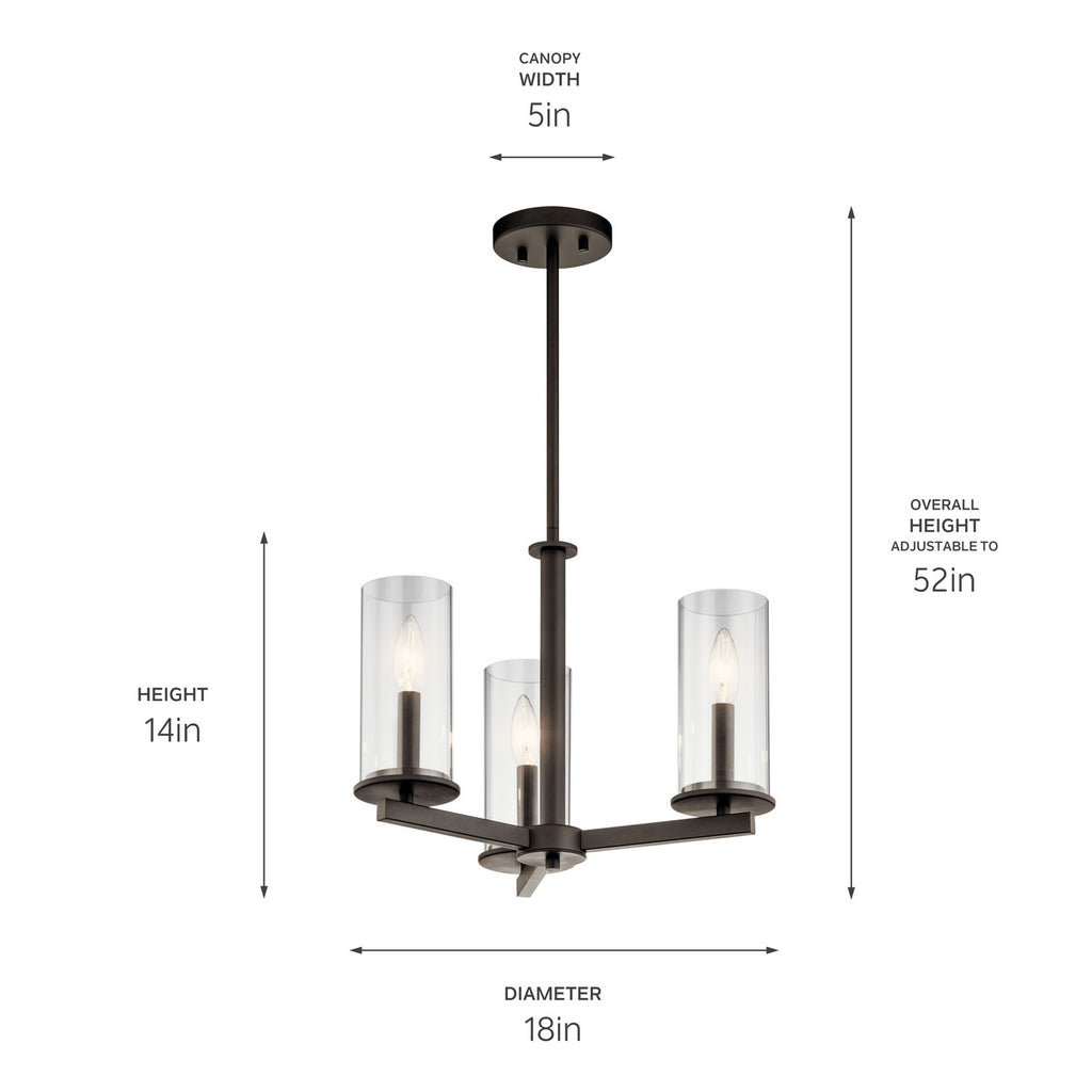 KICHLER 43997OZ Crosby 13.75" 3 Light Convertible Chandelier With Clear Glass Olde Bronze