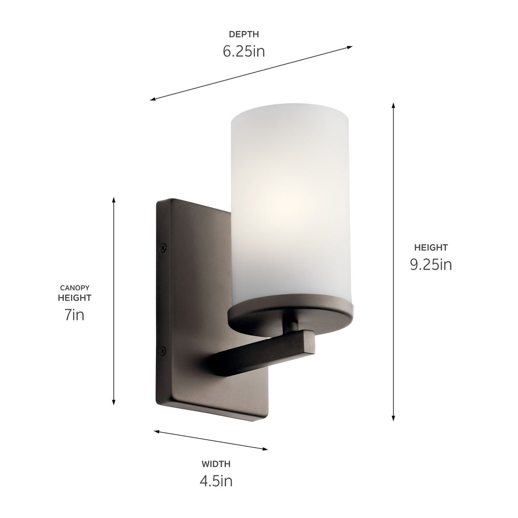 KICHLER 45495OZ Crosby 9.25" 1 Light Wall Sconce With Satin Etched Cased Opal Olde Bronze