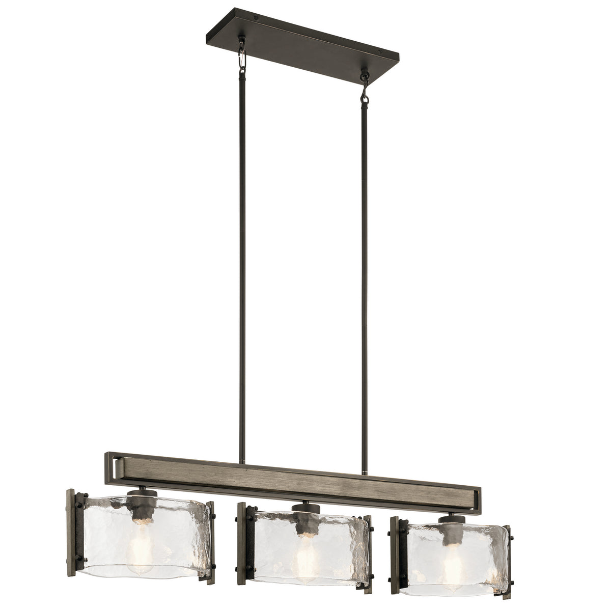 KICHLER 43896OZ Aberdeen 9.75" 3 Light Linear Chandelier With Piastra Glass In Olde Bronze And Distressed Antique Gray With Rust Accents
