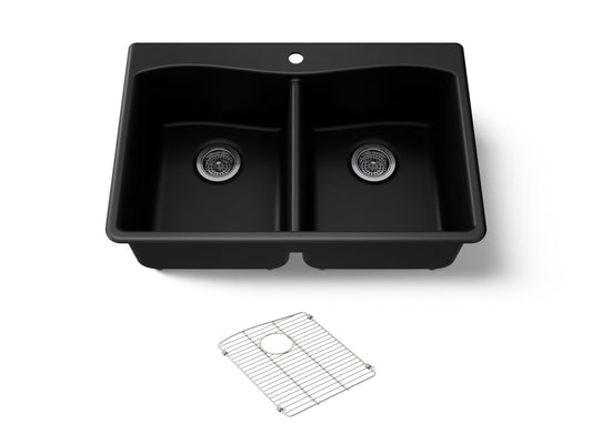 KOHLER K-8185-1-CM1 Kennon 33" top-/undermount double-bowl kitchen sink - Matte Black