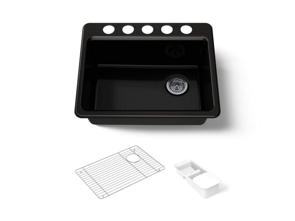 KOHLER K-8668-5UA2-7 Riverby 27" Undermount Single-Bowl Workstation Kitchen Sink - Black Black