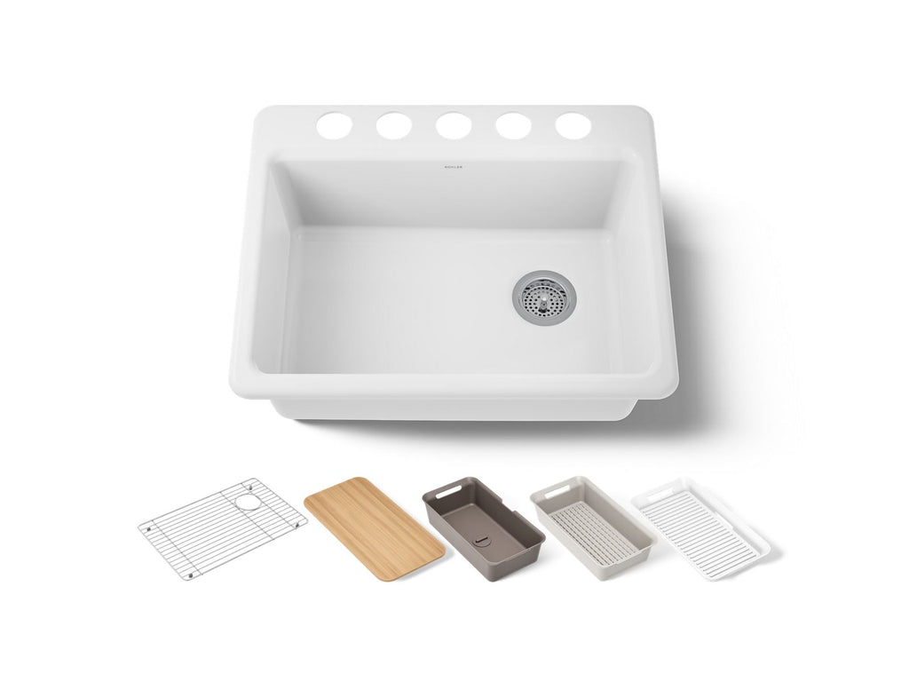 KOHLER K-8668-5UPC-0 Riverby 27" Undermount Single-Bowl Workstation Kitchen Sink - White