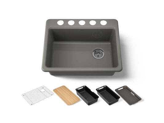 KOHLER K-8668-5UPC-58 Riverby 27" undermount single-bowl workstation kitchen sink - Thunder Grey