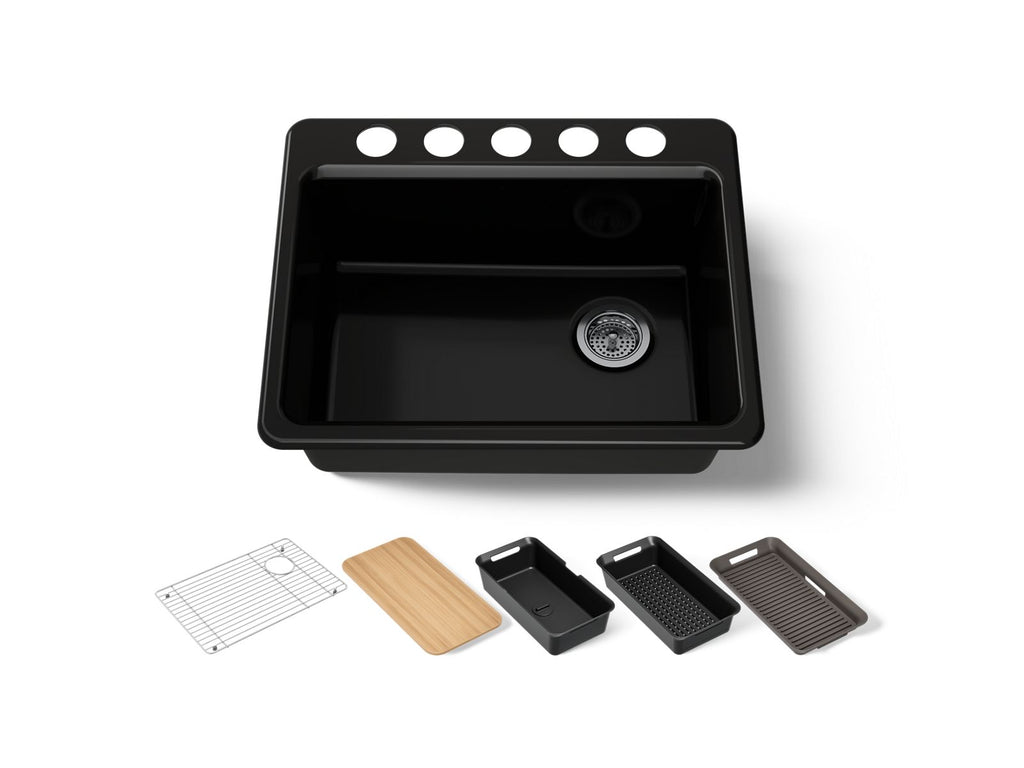 KOHLER K-8668-5UPC-7 Riverby 27" Undermount Single-Bowl Workstation Kitchen Sink - Black Black