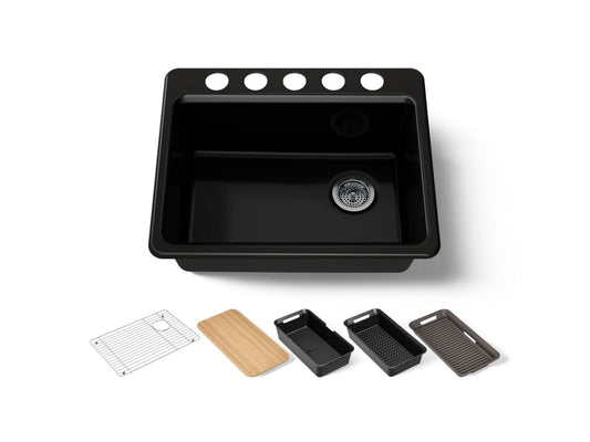 KOHLER K-8668-5UPC-7 Riverby 27" undermount single-bowl workstation kitchen sink - Black Black