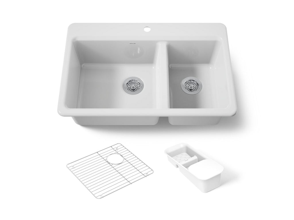 KOHLER K-8669-1A2-0 Riverby 33" Top-Mount Double-Bowl Workstation Kitchen Sink - White