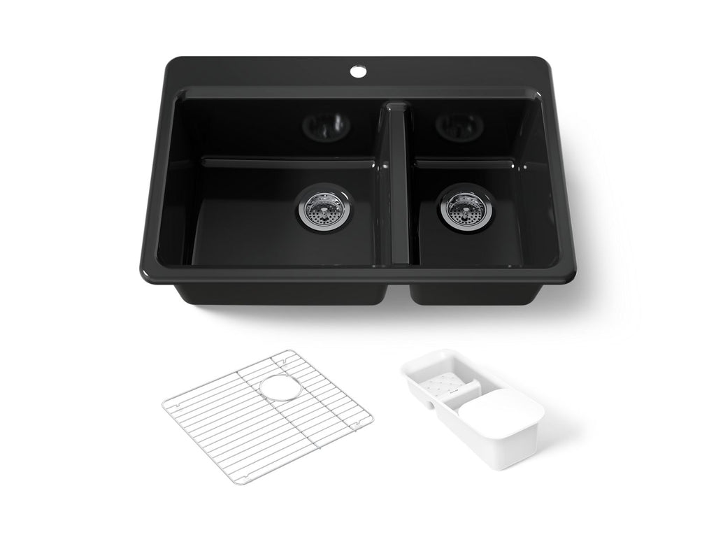 KOHLER K-8669-1A2-7 Riverby 33" Top-Mount Double-Bowl Workstation Kitchen Sink - Black Black