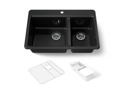 KOHLER K-8669-1A2-7 Riverby 33" top-mount double-bowl workstation kitchen sink - Black Black