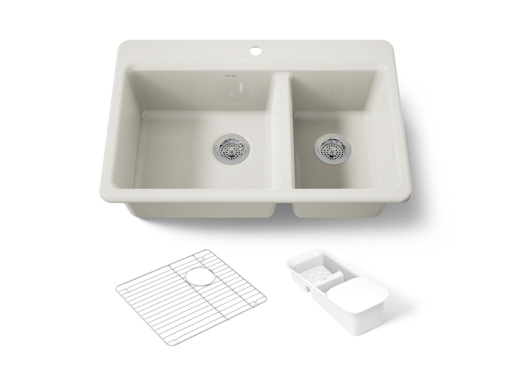KOHLER K-8669-1A2-96 Riverby 33" Top-Mount Double-Bowl Workstation Kitchen Sink - Biscuit