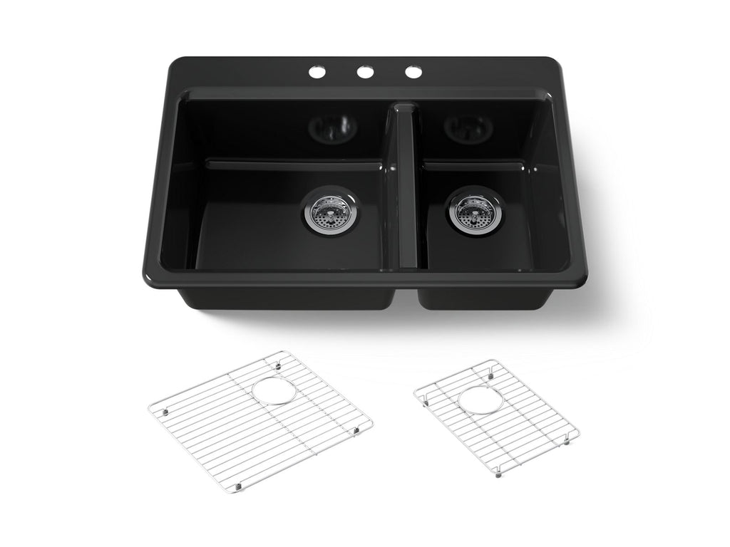 KOHLER K-8669-3A1-7 Riverby 33" Top-Mount Double-Bowl Kitchen Sink - Black Black