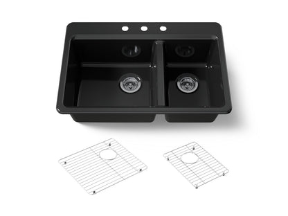 KOHLER K-8669-3A1-7 Riverby 33" top-mount double-bowl kitchen sink - Black Black