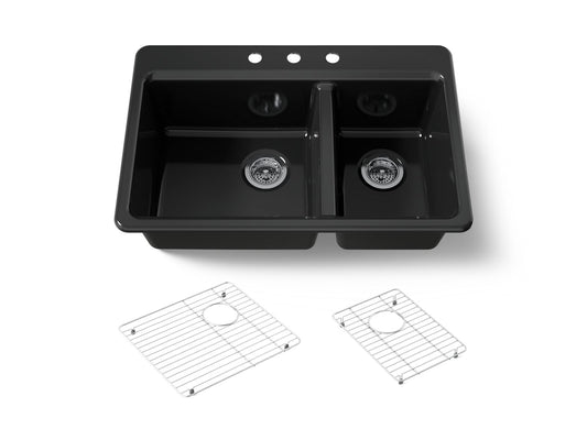 KOHLER K-8669-3A1-7 Riverby 33" top-mount double-bowl kitchen sink - Black Black