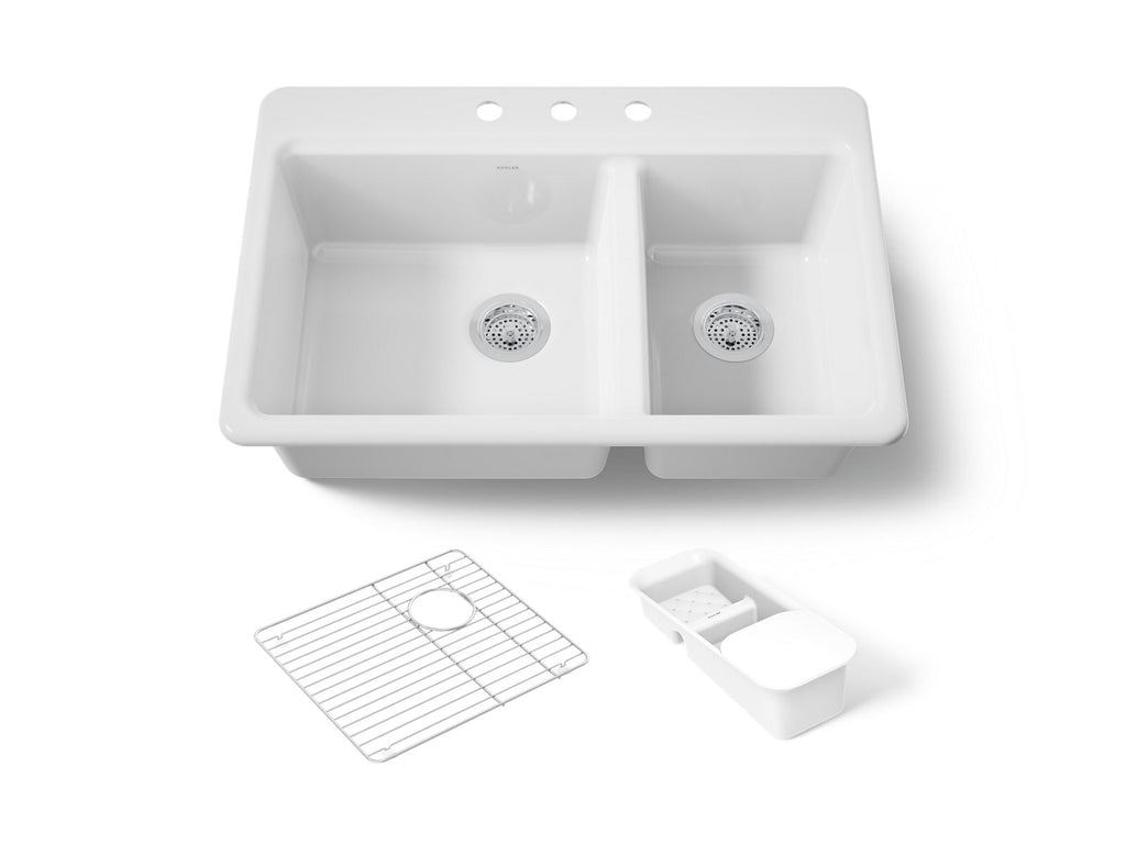 KOHLER K-8669-3A2-0 Riverby 33" Top-Mount Double-Bowl Workstation Kitchen Sink - White