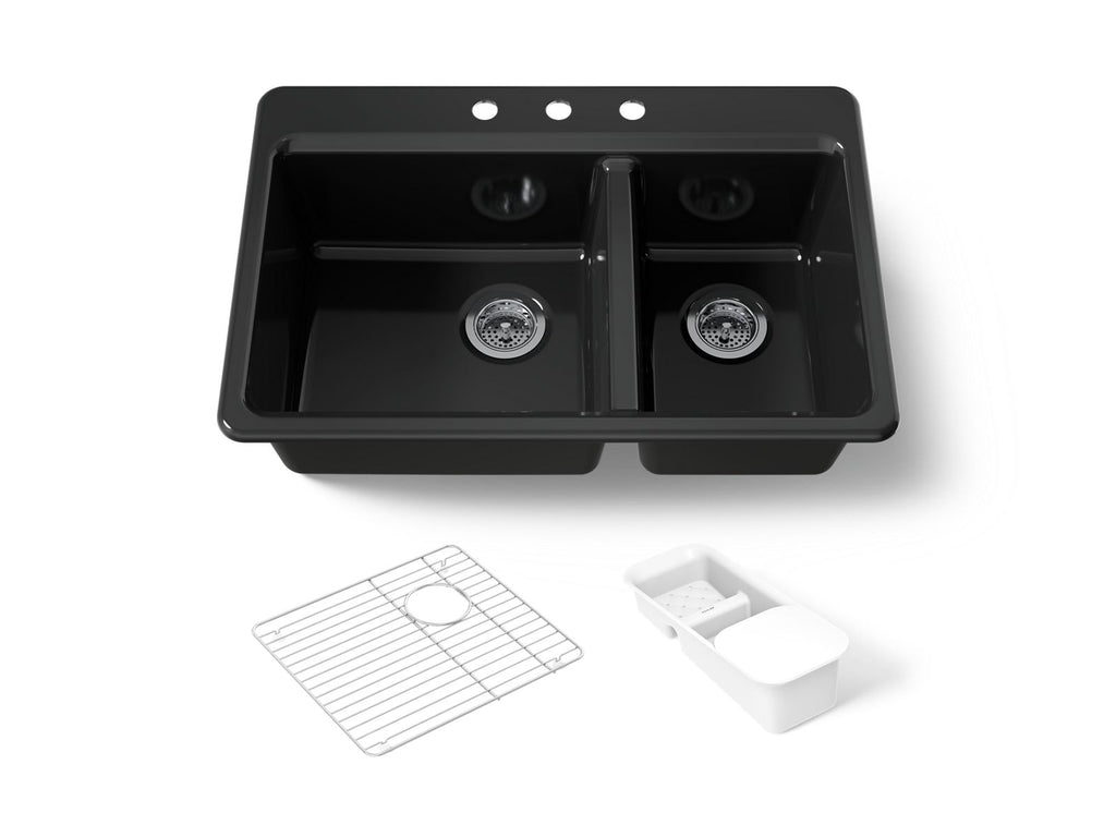 KOHLER K-8669-3A2-7 Riverby 33" Top-Mount Double-Bowl Workstation Kitchen Sink - Black Black
