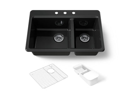 KOHLER K-8669-3A2-7 Riverby 33" top-mount double-bowl workstation kitchen sink - Black Black
