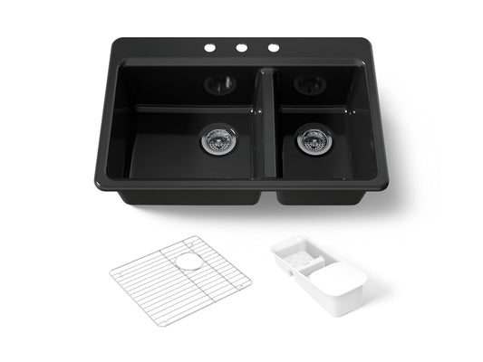 KOHLER K-8669-3A2-7 Riverby 33" top-mount double-bowl workstation kitchen sink - Black Black