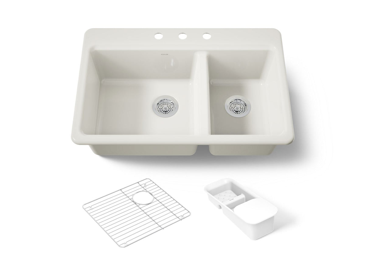 KOHLER K-8669-3A2-96 Riverby 33" Top-Mount Double-Bowl Workstation Kitchen Sink - Biscuit