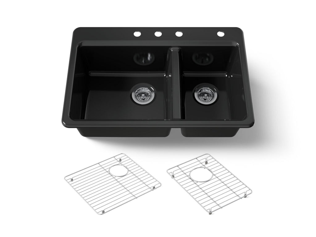 KOHLER K-8669-4A1-7 Riverby 33" Top-Mount Double-Bowl Kitchen Sink - Black Black