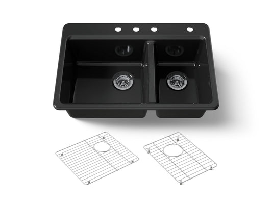 KOHLER K-8669-4A1-7 Riverby 33" top-mount double-bowl kitchen sink - Black Black