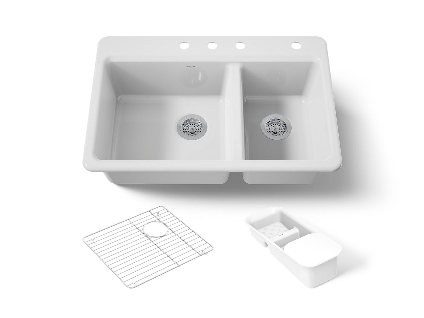 KOHLER K-8669-4A2-0 Riverby 33" top-mount double-bowl workstation kitchen sink - White