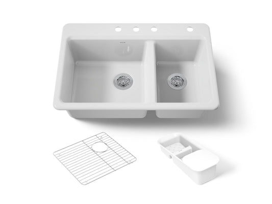 KOHLER K-8669-4A2-0 Riverby 33" top-mount double-bowl workstation kitchen sink - White