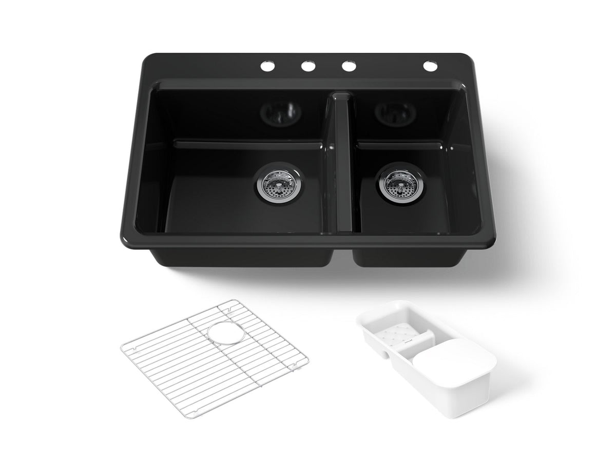 KOHLER K-8669-4A2-7 Riverby 33" Top-Mount Double-Bowl Workstation Kitchen Sink - Black Black