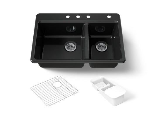 KOHLER K-8669-4A2-7 Riverby 33" top-mount double-bowl workstation kitchen sink - Black Black