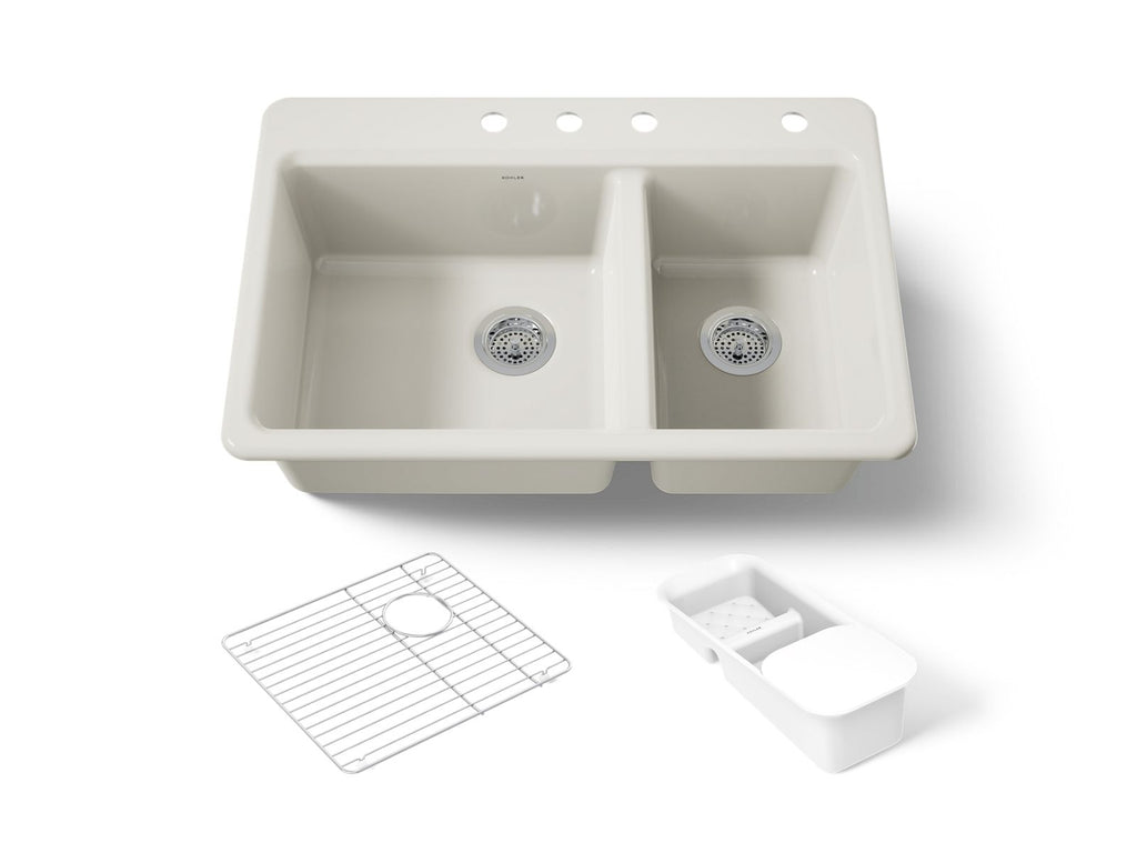 KOHLER K-8669-4A2-96 Riverby 33" Top-Mount Double-Bowl Workstation Kitchen Sink - Biscuit