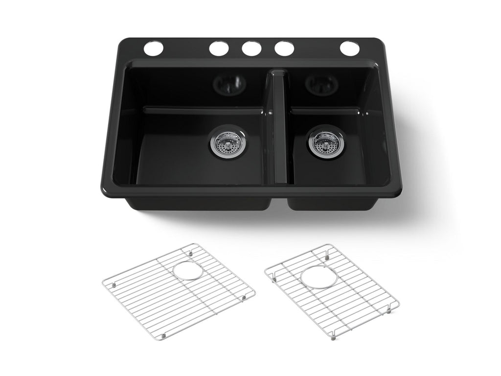 KOHLER K-8669-5UA1-7 Riverby 33" Undermount Double-Bowl Kitchen Sink - Black Black