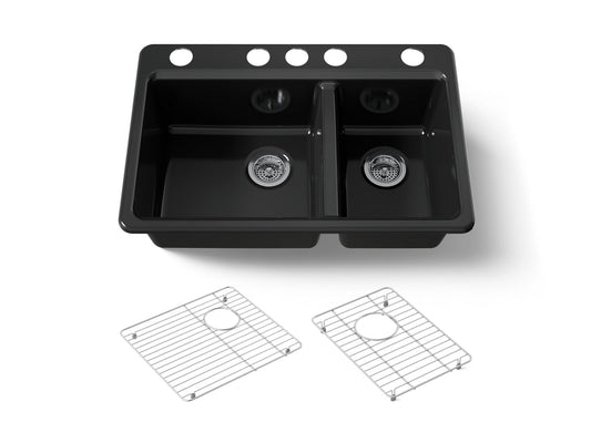 KOHLER K-8669-5UA1-7 Riverby 33" undermount double-bowl kitchen sink - Black Black