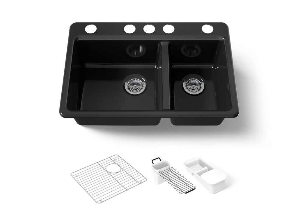KOHLER K-8669-5UA3-7 Riverby 33" Undermount Double-Bowl Workstation Kitchen Sink - Black Black