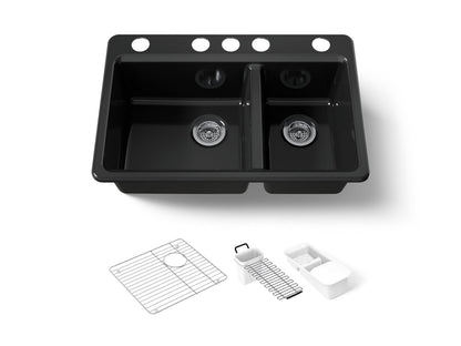 KOHLER K-8669-5UA3-7 Riverby 33" undermount double-bowl workstation kitchen sink - Black Black