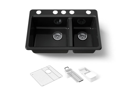 KOHLER K-8669-5UA3-7 Riverby 33" undermount double-bowl workstation kitchen sink - Black Black
