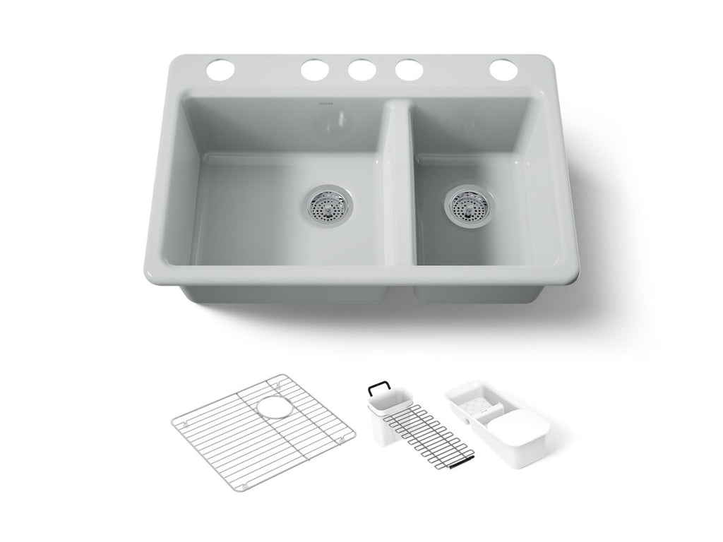 KOHLER K-8669-5UA3-95 Riverby 33" Undermount Double-Bowl Workstation Kitchen Sink - Ice Grey
